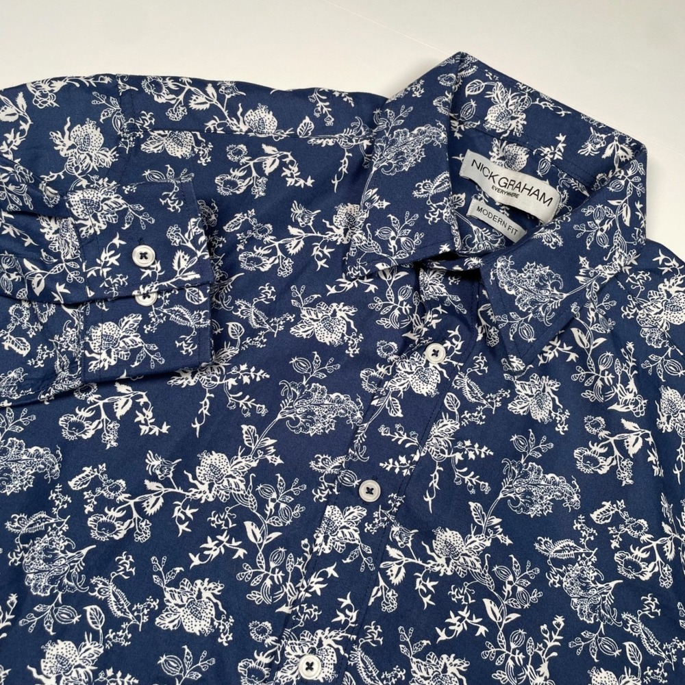 Nick Graham Everywhere Modern Fit Floral Dress Shirt Navy Blue White 15.5 32/33